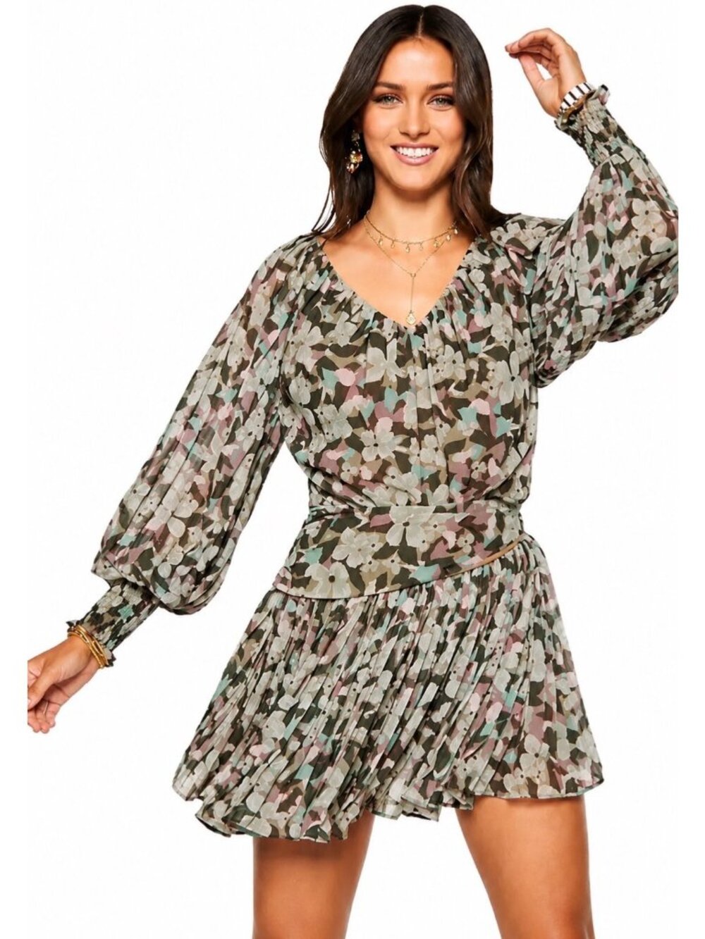 Ramy Brook Printed Maggie Olive Pleated Dress Size Small New With Tag